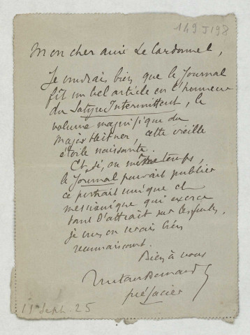 LAS lui demandant d'écrire un article dans Le Journal en l'honneur du Satyre Intermittent du Major Heitner et de publier également son portrait.