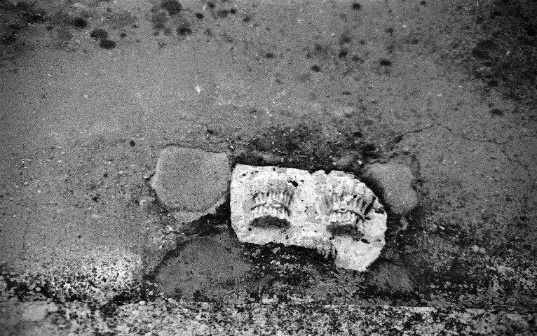 Sainte-Croix. - Détail de sculpture en façade sud côté cour de la Mission du Diois.