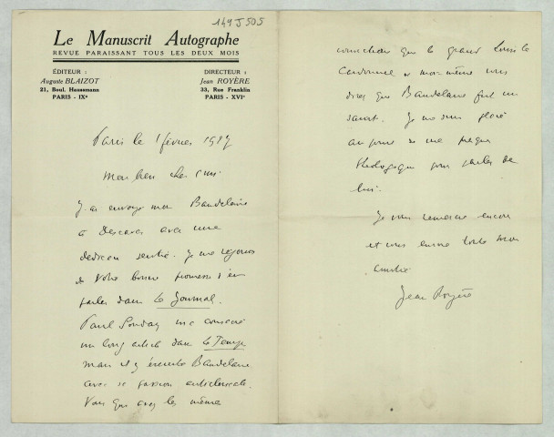 LAS lui demandant de parler de son ouvrage sur Baudelaire dans Le Journal.