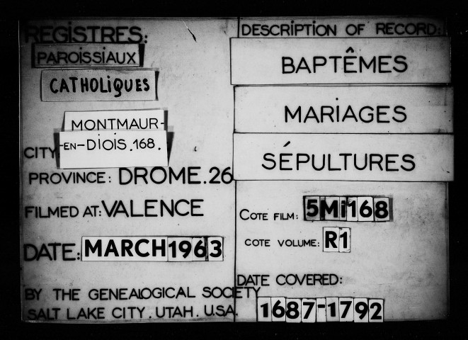 Baptêmes, mariages, sépultures (1687-1792).