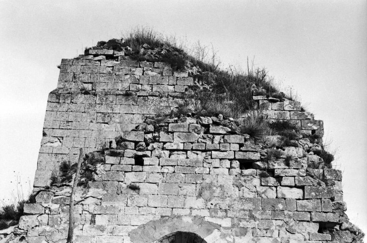 Allan. - Façade du transept sud de la chapelle Barbara, avant la restauration de 1976, tympan de réemploie.