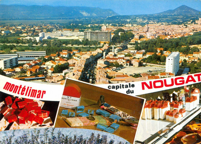 Vue générale de la ville et publicité du Nougat.