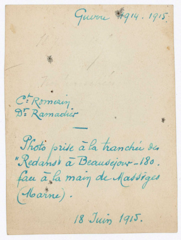 Beauséjour 180,Tranchée des "Redans" face à la main de Massiges. - Le commandant Romezin et le docteur Ramadier.