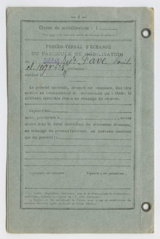 Vie militaire. - Mobilisation : fascicule (1936), obligations militaires : titre de libération (1937), citation : ordre du régiment (1918), permission : correspondance, titre (1917).