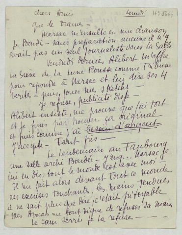 LAS lui expliquant sa dispute avec Marsac et son « droit de réponse » qui lui a été néfaste sur la scène de la Lune Rousse.