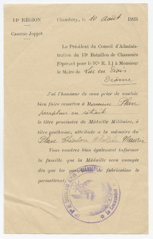 Attribution, à titre posthume, de la Médaille Militaire à Maurice Plan.
