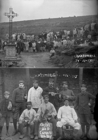 Chantemerle[-lès-Grignan].- Important groupe de soldats près d'un calvaire. Soldats du 17e Régiment d'infanterie, 30ème compagnie, cuisine.