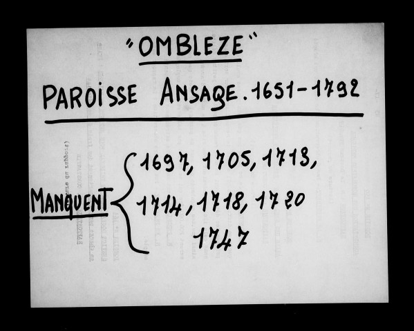 Paroisse d'Ansage. - Baptêmes, mariages, sépultures (1651-1792).