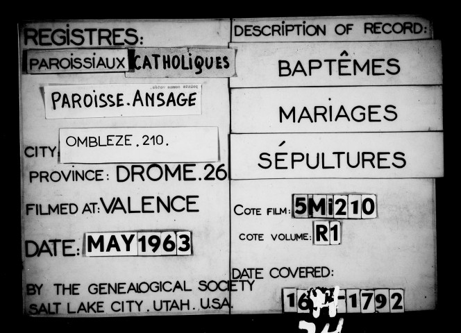 Paroisse d'Ansage. - Baptêmes, mariages, sépultures (1651-1792).