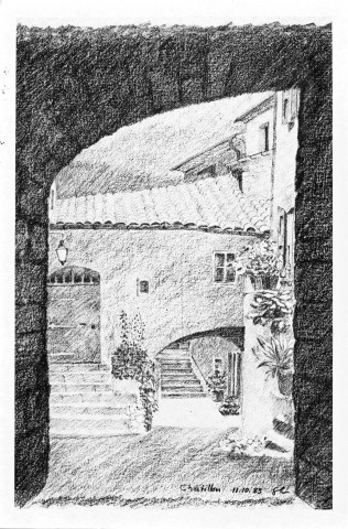 Reproduction d'un dessin d'une ruelle de la ville.