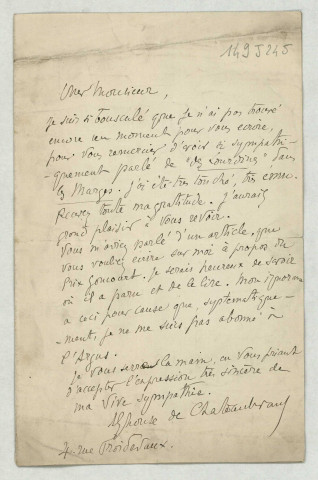 LAS le remerciant pour l’article sur Les Lourdines paru dans Les Marges et lui demandant des précisions pour la rédaction d’un article sur le prix Goncourt.