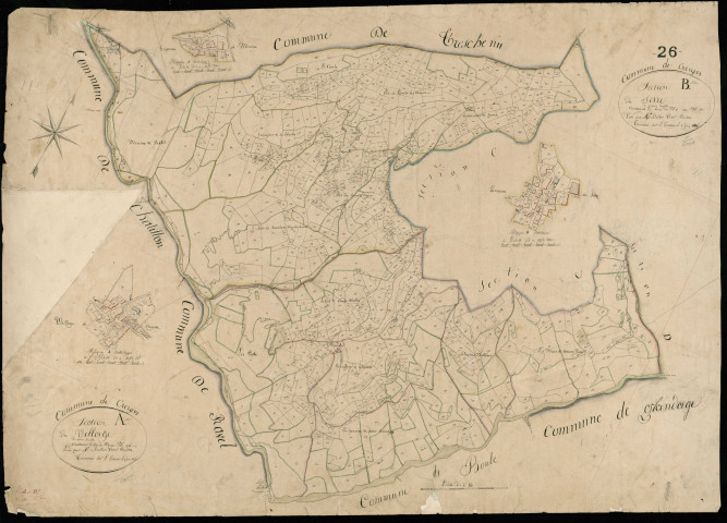 Section A, Village (le). Village (agrandissement). Section B, Serre (le). Serre (hameau du), Mensac (hameau de) (agrandissements).