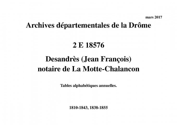 Tables alphabétiques annuelles (1810-1843, 1838-1855).