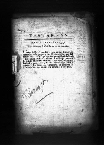 Table des testaments contrôlés.