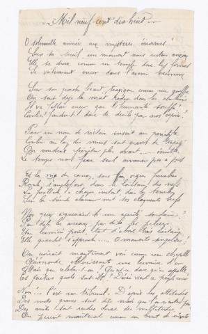 Première Guerre mondiale. - Demande pour partir au front en tant qu'infirmière bénévole : correspondance, ordre de service, carte. Évaluation et commentaire sur les compétences de Marguerite Verguet : attestation, lettres de recommandation, notes manuscrites. Demande de départ pour le front de Salonique : correspondance. Envoie au service des contagieux de Benoîte-Vaux : affectation, poèmes, brassard, carte, correspondance, cartes souvenirs de curé et prêtre. Organisation de la vie au front : certificat de visite, permission, ordre de transport, laissez-passer, note de service. Participation à l'effort de guerre par le don de matériaux médicaux et d'un autoclave : correspondance, article, délibération de l'hôpital de Valence, factures, notes manuscrites. Organisation d'évènements et d'activités pour remonter le moral des malades : correspondance, paroles de chant.