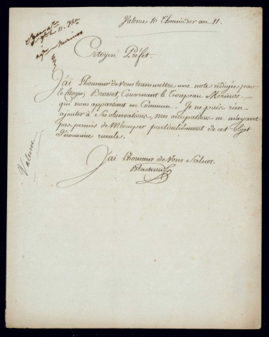 Introduction de mérinos dans le département. - Ventes, souscriptions, distribution, renseignements sur la prospérité des troupeaux : correspondance, état, procès-verbal, avis (affiche), notes, tableau, échantillons de laine, brochure (an IX-1806, 1809). Envoi d'une instruction sur les bêtes à laine : correspondance, rapport (1810).