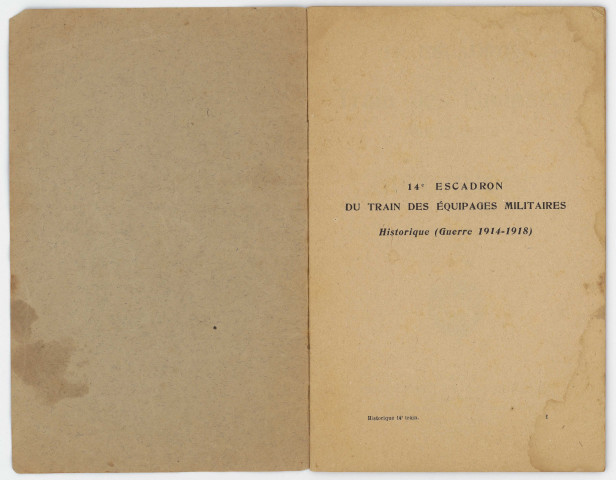 14e escadron du train des équipages militaires. Historique. Guerre 1914-1918. Paris : Charles-Lavauzelle, 1920. 43 p.