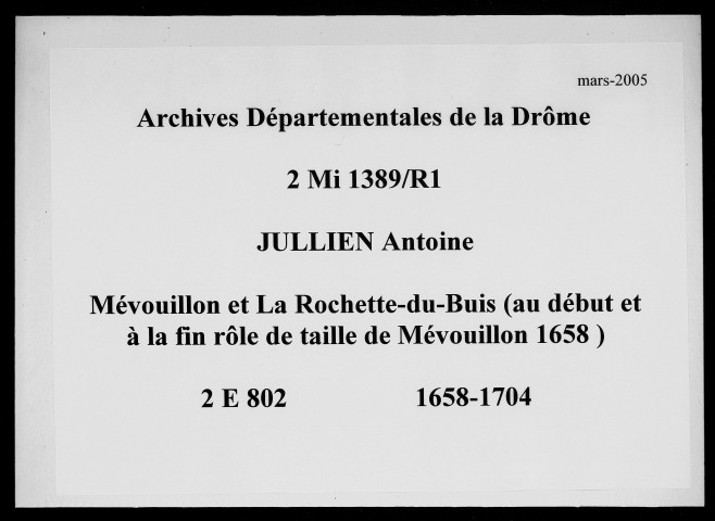 Rôle de taille de Mévouillon de 1658 au début et à la fin (1658-1704).