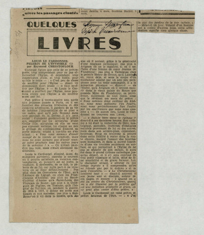 	« Louis Le Cardonnel Pèlerin de l'Invisible par Raymond Christoflour », rubrique Quelques livres, La Dépêche Tunisienne, s.d.