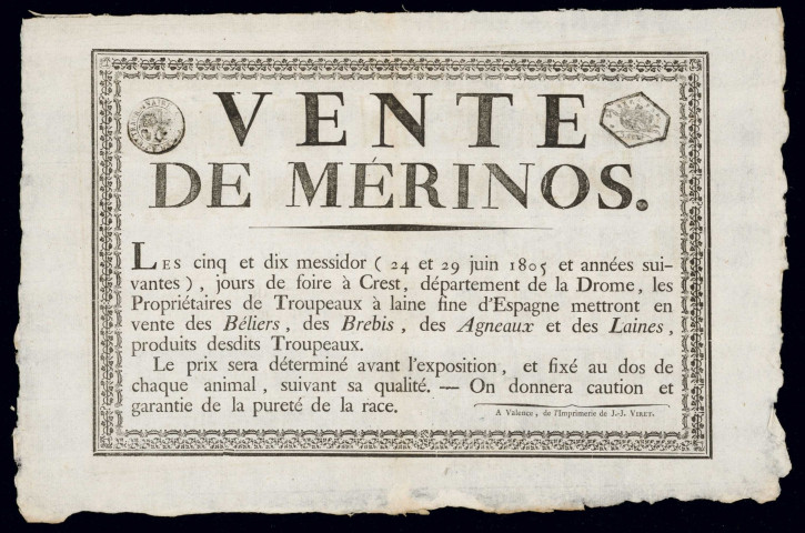 Introduction de mérinos dans le département. - Ventes, souscriptions, distribution, renseignements sur la prospérité des troupeaux : correspondance, état, procès-verbal, avis (affiche), notes, tableau, échantillons de laine, brochure (an IX-1806, 1809). Envoi d'une instruction sur les bêtes à laine : correspondance, rapport (1810).