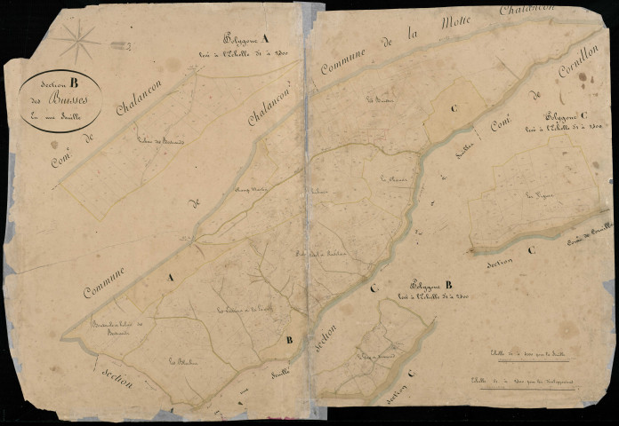 Section B, Buisses (les) . Hubac des Bertrands (lieu-dit, parcelles n° 127-159), Trémond (hameau de), Moulin (le), Bompard et Gay (le) (lieu-dit, parcelles n° 27-78), Vignes (les) (lieu-dit, parcelles n° 247-282) (agrandissements).