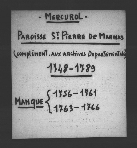 Paroisse de Saint-Pierre-de-Marnas. - Baptêmes, mariages, sépultures (1748-1789).