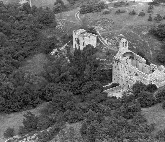 Vue aérienne des ruines de la chapelle du prieuré et du cimetière.