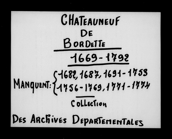 Baptêmes, mariages, sépultures (1669-1792).