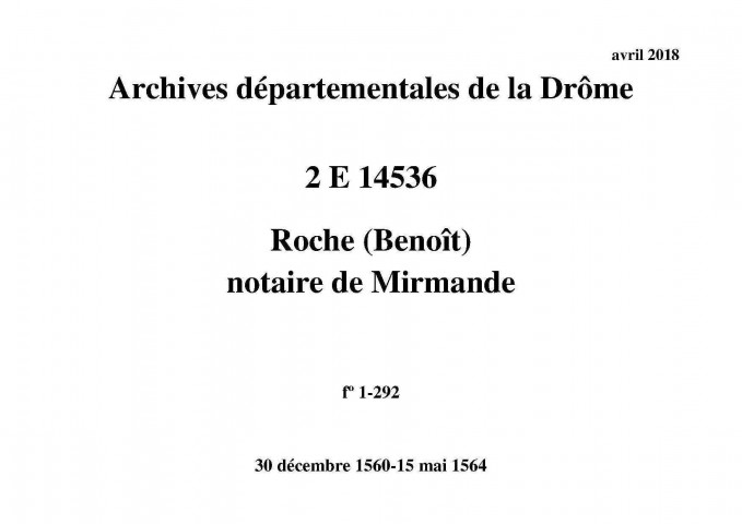 30 décembre 1560-15 mai 1564