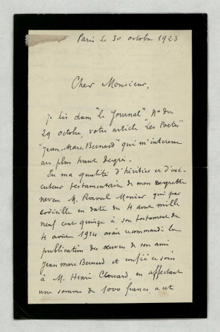 Monier Léon, (héritier et exécuteur testamentaire de son neveu Raoul Monier qui avait recommandé la publication des œuvres de Jean-Marc Bernard).