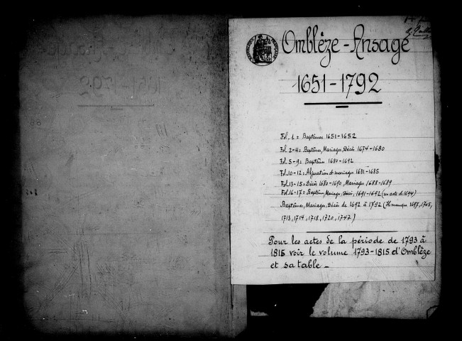 Paroisse d'Ansage. - Baptêmes, mariages, sépultures (1651-1792).