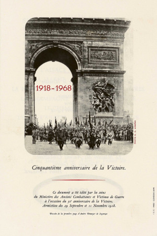 Fascicule en souvenir du cinquantième anniversaire de la victoire 1918-1968 au nom de Gabriel Thivolle.