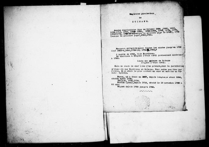 Paroisse de Guisans. - Baptêmes, mariages, sépultures (1693-1791).