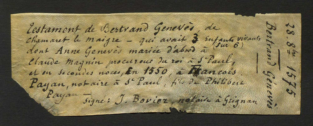 Testament de Bertrand Genevès, de Chamaret (28 octobre 1575).