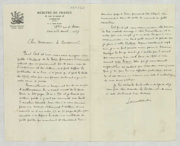 LAS concernant l’Histoire de la poésie française écrit avec Paul Fort, lui expliquant comment a été créé ce recueil et lui demandant également son opinion sur son ouvrage de 1200 vers qu'il vient de terminer.