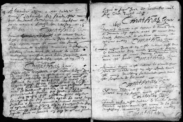 Baptêmes, sépultures (1629-1639).