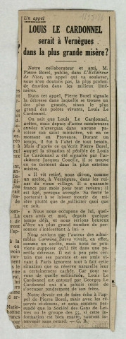  « Louis Le Cardonnel serait à Vernègues dans la plus grande misère ? », rubrique Un Appel, [1931] G. B.