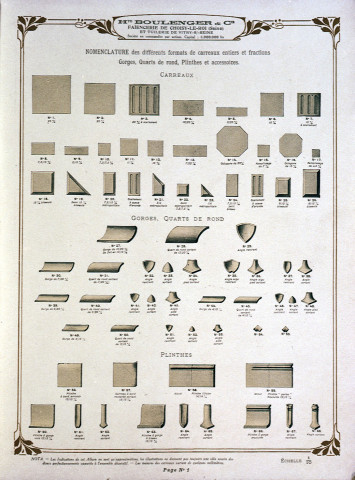 Catalogue de 1921 de revêtements céramiques, Boulenger et Cie, provenant des Archives communales de Saint-Uze.