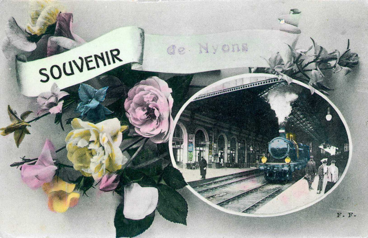 Carte fantaisie, train en gare.