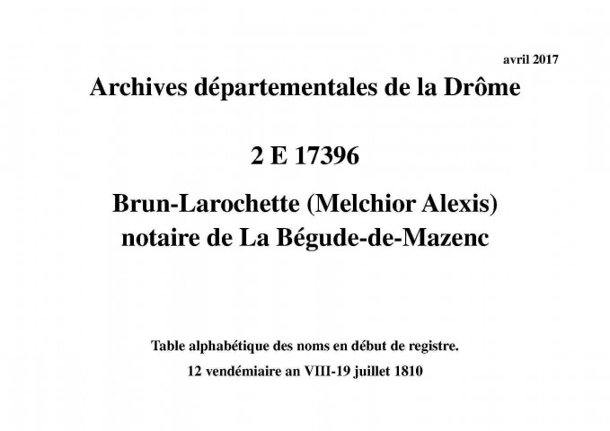 Inventaires (12 vendémiaire an VIII-19 juillet 1810).