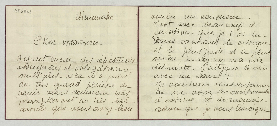 LAS le remerciant pour sa critique, lui explique ses occupations et lui fait part de son souhait de le rencontrer.