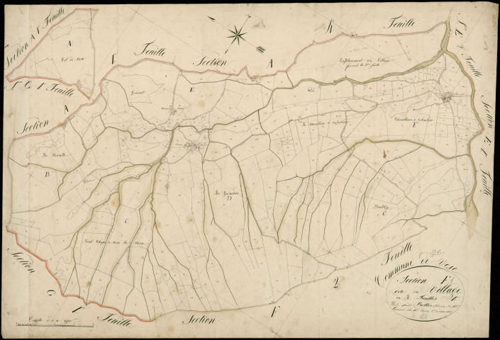 Section F1, Village (le). Village, Cure (la), Plantier et Baris, Serre Bonol (lieux-dits, parcelles n° 207-433) (agrandissement sur F2).