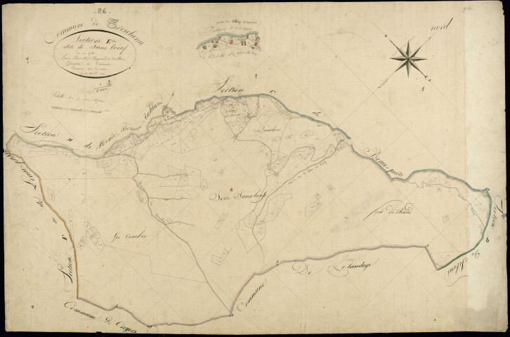 Section E, Sans Bœuf. Village (partie est) : Serre sans bœuf (lieu-dit, parcelles n° 85-90 bis) et Pouchon (lieu-dit, parcelles 135-171) (agrandissement).