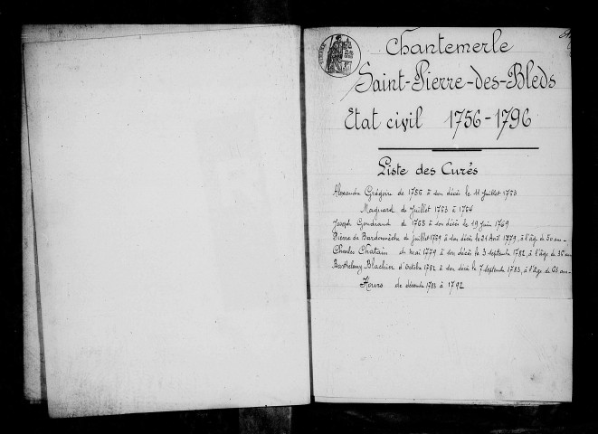 Paroisse de Saint-Pierre-des-Blés. - Baptêmes, mariages, sépultures (1756-1792).