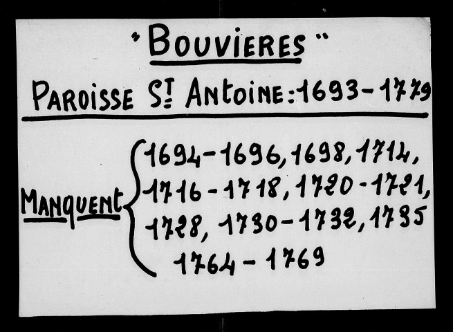 Paroisse de Bouvières. - Baptêmes, mariages, sépultures (1693-1792).