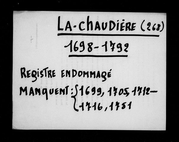 Baptêmes, mariages, sépultures (1698-1792).