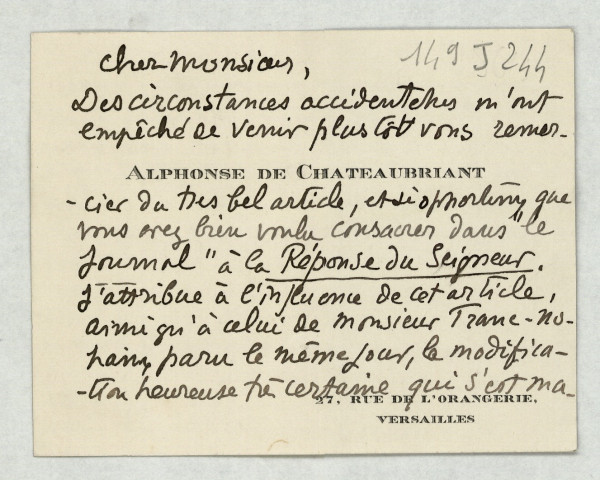 CVAS le remerciant pour l’article sur son livre À la Réponse du Seigneur paru dans Le Journal.