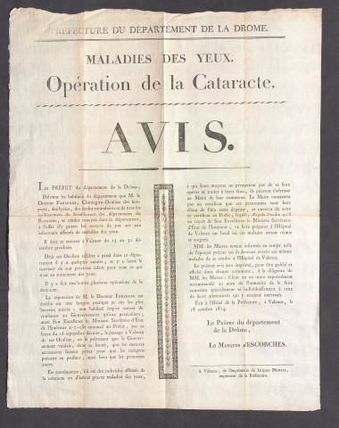 Maladies des yeux. - Arrivée d'un oculiste dans la Drôme, traitement des malades indigents aux frais du département.