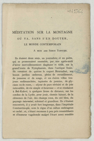 Extrait des Ascensions Mystiques : « Méditation sur la Montagne où va, sans s'en douter, le Monde Contemporain ».