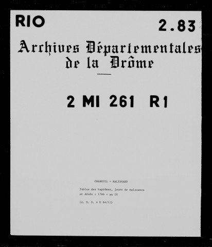 Paroisses de Chabeuil et Malissard. - Table des baptêmes, naissances et décès (1766-an IX).